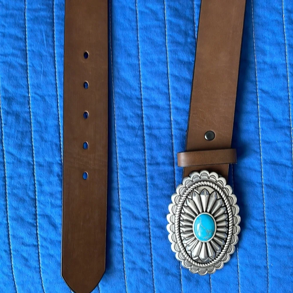 ARIAT Lucinda Womens brown leather oval turquoise silver concho western belt - Picture 7 of 10